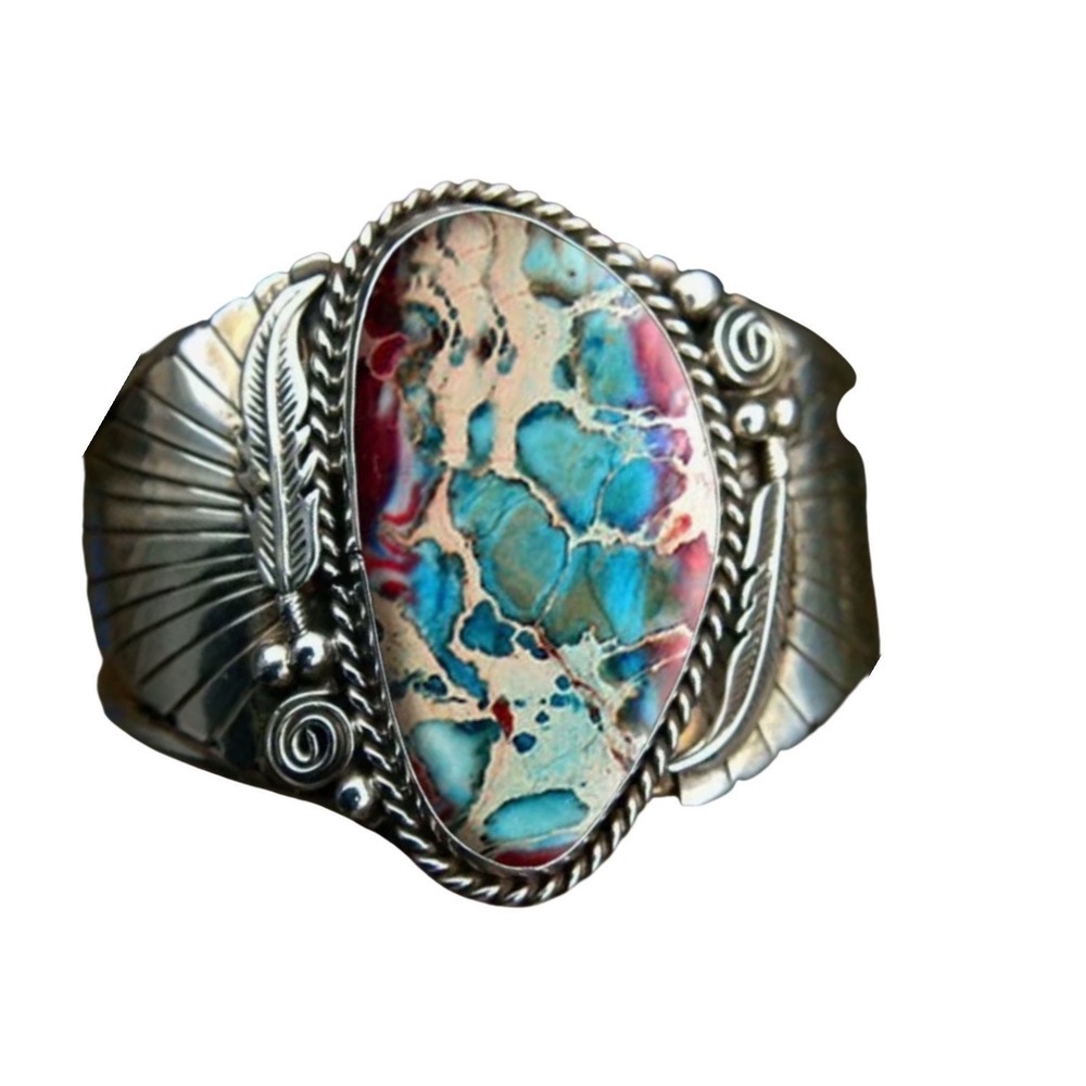 Southwestern Silver Tone Ring  Feather Scroll Multi Color Jasper Composite Oval